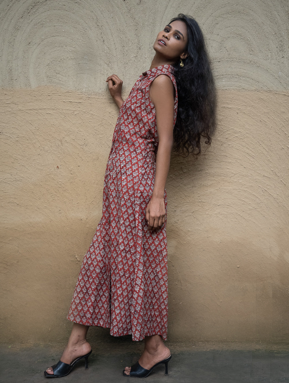 The Work Edit. Bagru Hand Block Printed Cotton Dress - Rust Floret