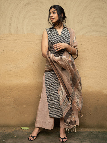 The Work Edit. Bagru Hand Block Printed Cotton Full Kurta Set - Black Buds (3 pc set)