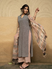 The Work Edit. Bagru Hand Block Printed Cotton Full Kurta Set - Black Buds (3 pc set)