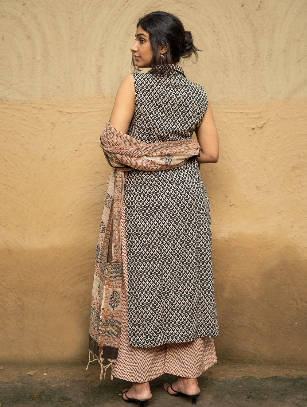 The Work Edit. Bagru Hand Block Printed Cotton Full Kurta Set - Black Buds (3 pc set)