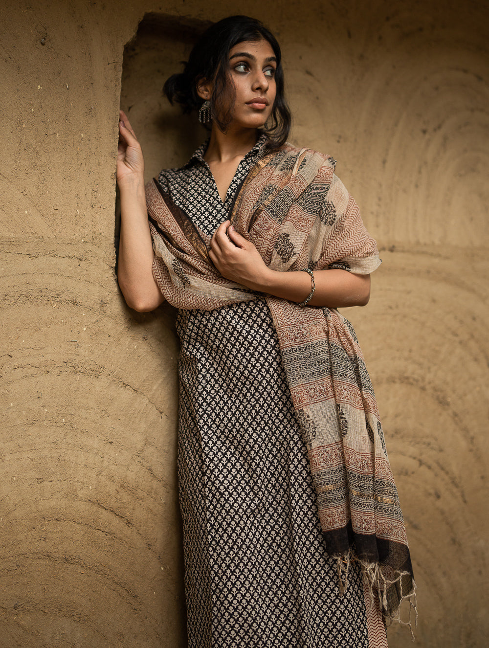 The Work Edit. Bagru Hand Block Printed Cotton Full Kurta Set - Black Buds (3 pc set)