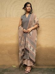 The Work Edit. Bagru Hand Block Printed Cotton Full Kurta Set - Black Buds (3 pc set)