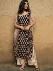 The Work Edit. Bagru Hand Block Printed Cotton Full Kurta Set - Black Floral (3 pc set)