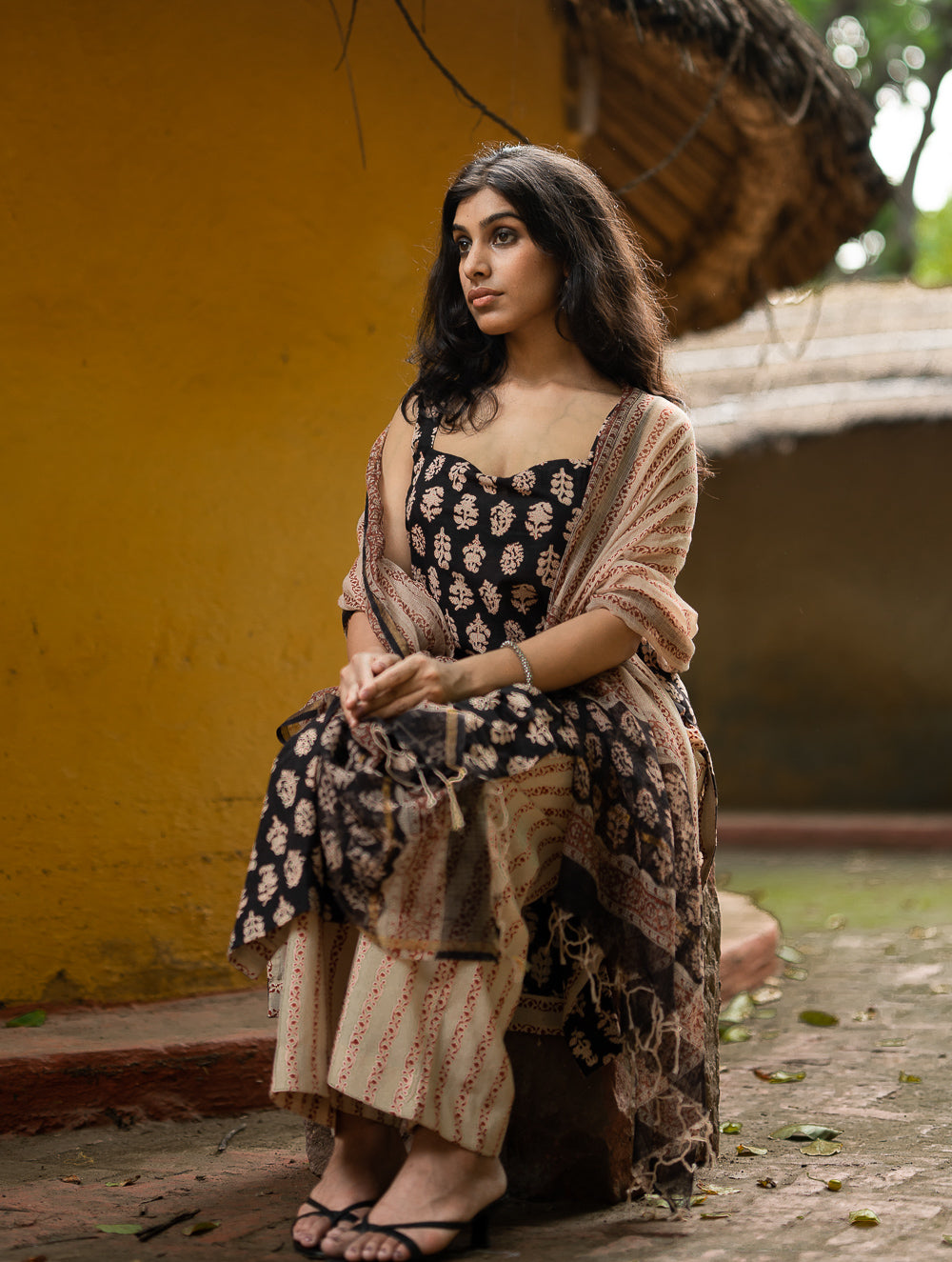 The Work Edit. Bagru Hand Block Printed Cotton Full Kurta Set - Black Floral (3 pc set)