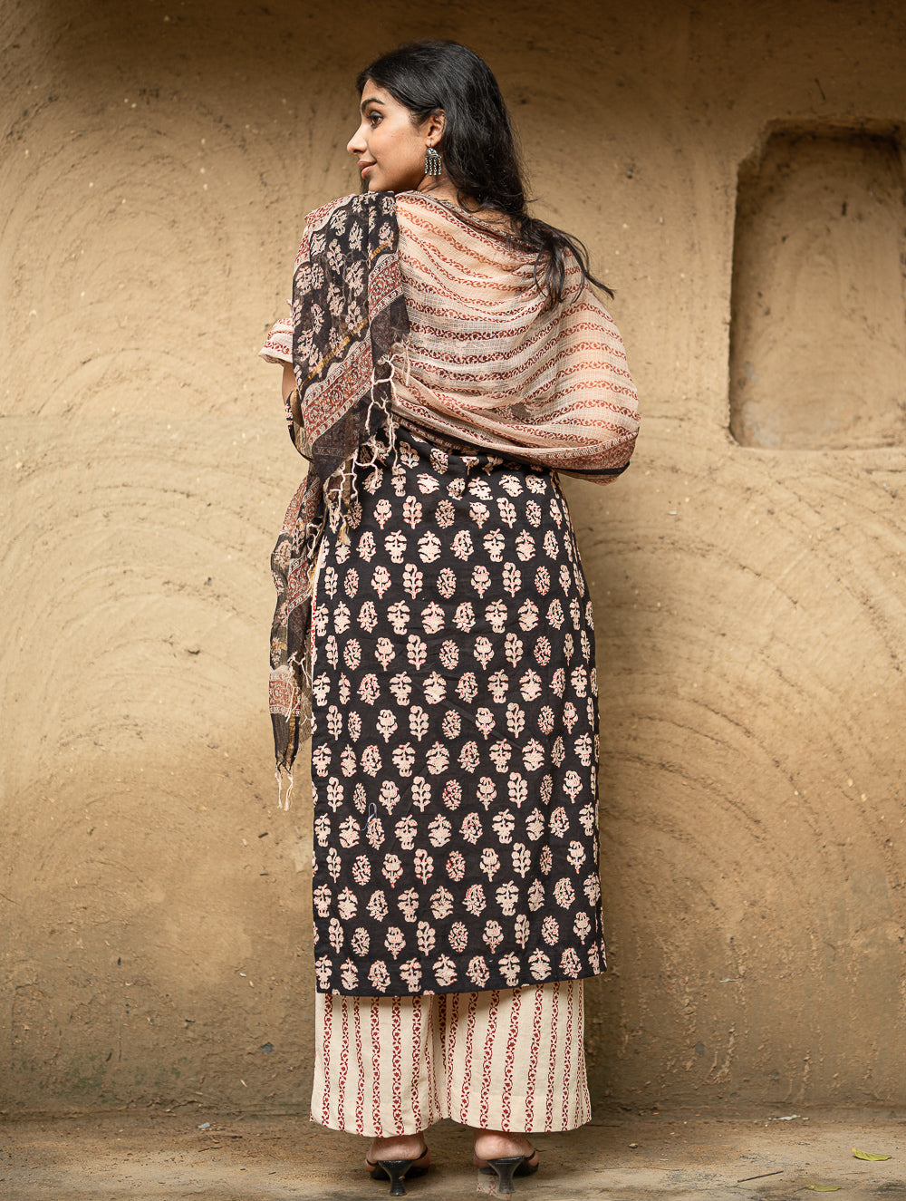 The Work Edit. Bagru Hand Block Printed Cotton Full Kurta Set - Black Floral (3 pc set)