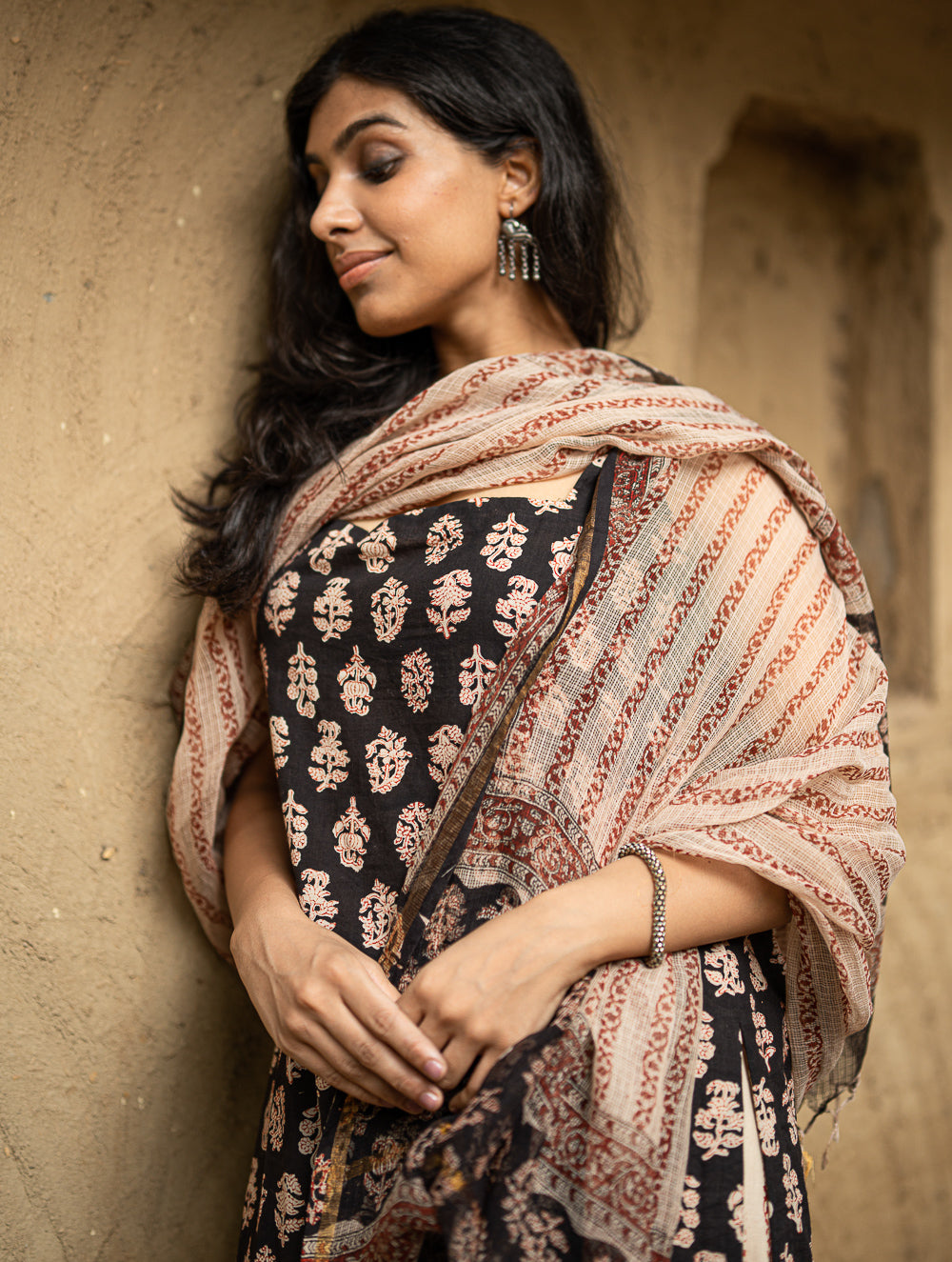 The Work Edit. Bagru Hand Block Printed Cotton Full Kurta Set - Black Floral (3 pc set)