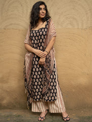 The Work Edit. Bagru Hand Block Printed Cotton Full Kurta Set - Black Floral (3 pc set)