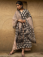 The Work Edit. Bagru Hand Block Printed Cotton Full Kurta Set - Black Paisley (3 pc set)