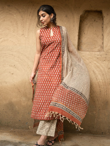 The Work Edit. Bagru Hand Block Printed Cotton Full Kurta Set - Brick Florets (3 pc set)