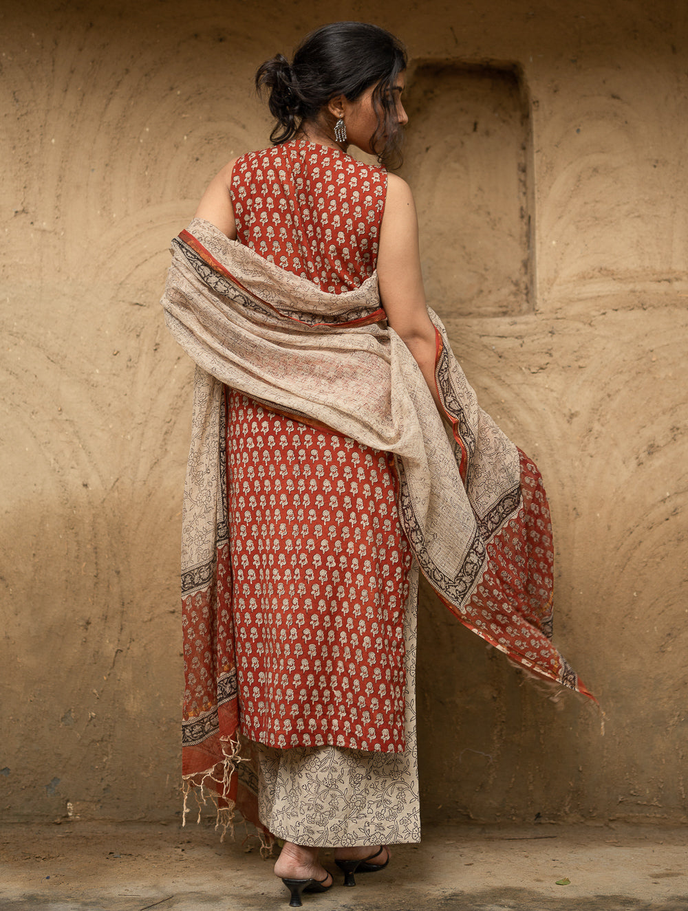 The Work Edit. Bagru Hand Block Printed Cotton Full Kurta Set - Brick Florets (3 pc set)