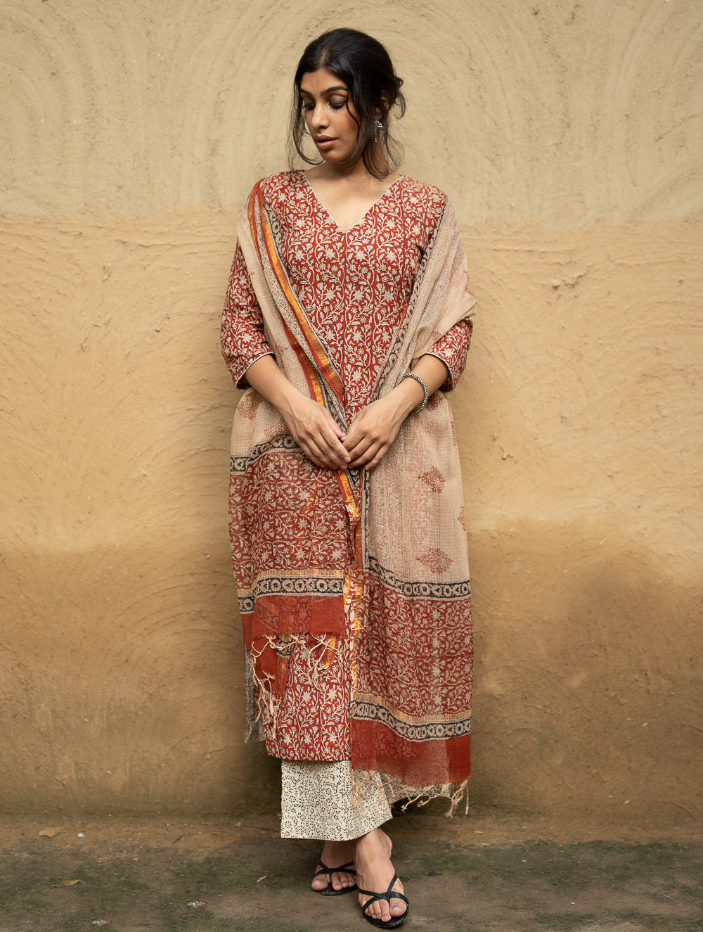 The Work Edit. Bagru Hand Block Printed Cotton Full Kurta Set - Floral Vine (3 pc set)