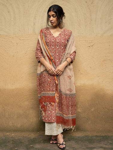 The Work Edit. Bagru Hand Block Printed Cotton Full Kurta Set - Floral Vine (3 pc set)