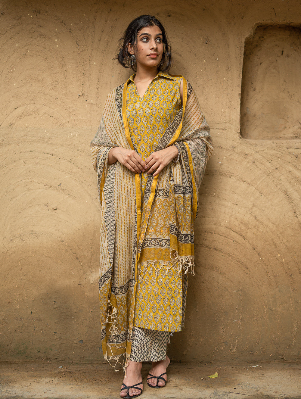 The Work Edit. Bagru Hand Block Printed Cotton Full Kurta Set - Mustard Florets (3 pc set)