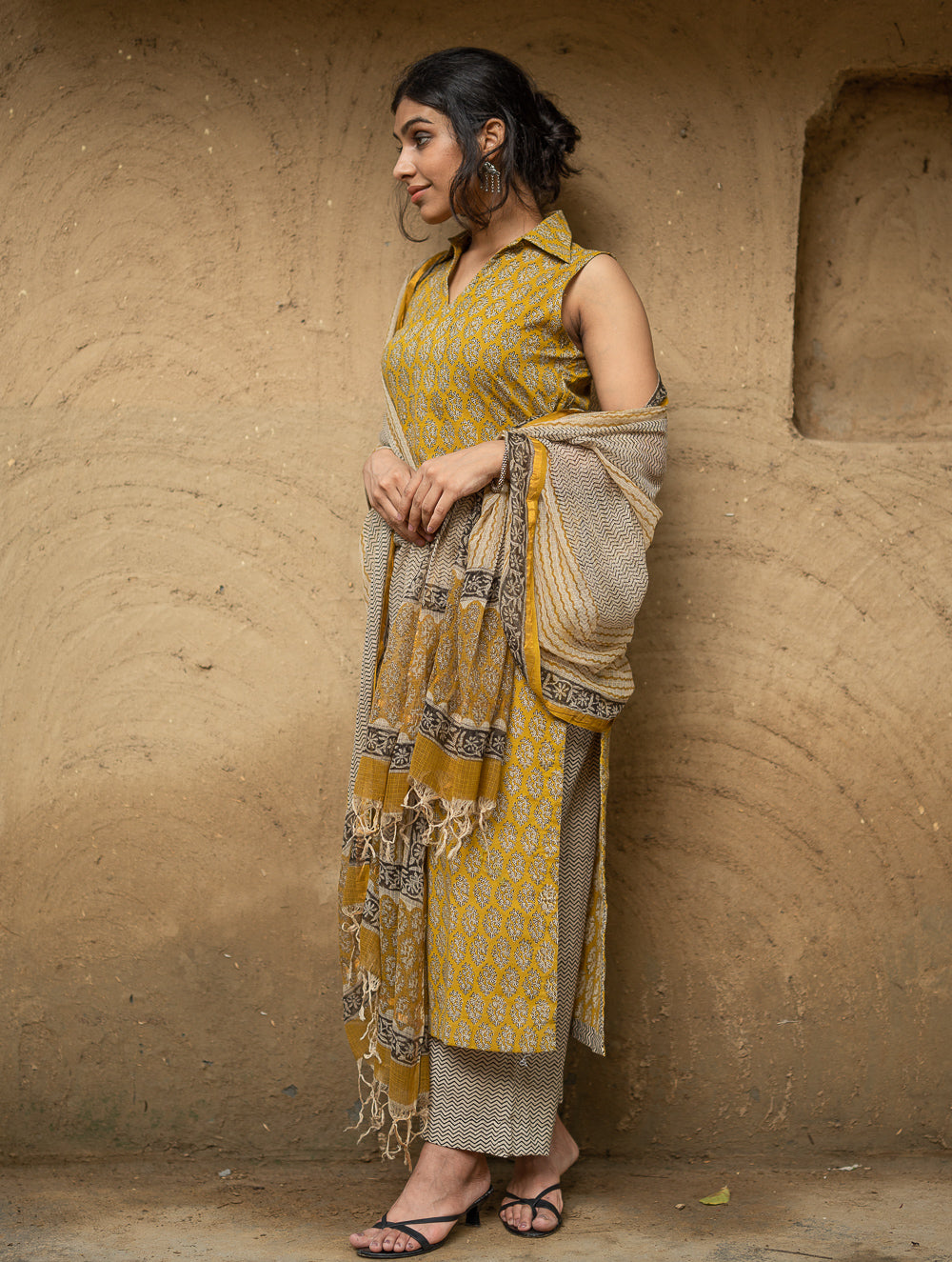 The Work Edit. Bagru Hand Block Printed Cotton Full Kurta Set - Mustard Florets (3 pc set)