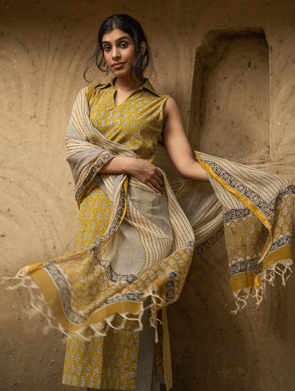 The Work Edit. Bagru Hand Block Printed Cotton Full Kurta Set - Mustard Florets (3 pc set)