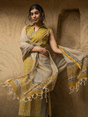 The Work Edit. Bagru Hand Block Printed Cotton Full Kurta Set - Mustard Florets (3 pc set)