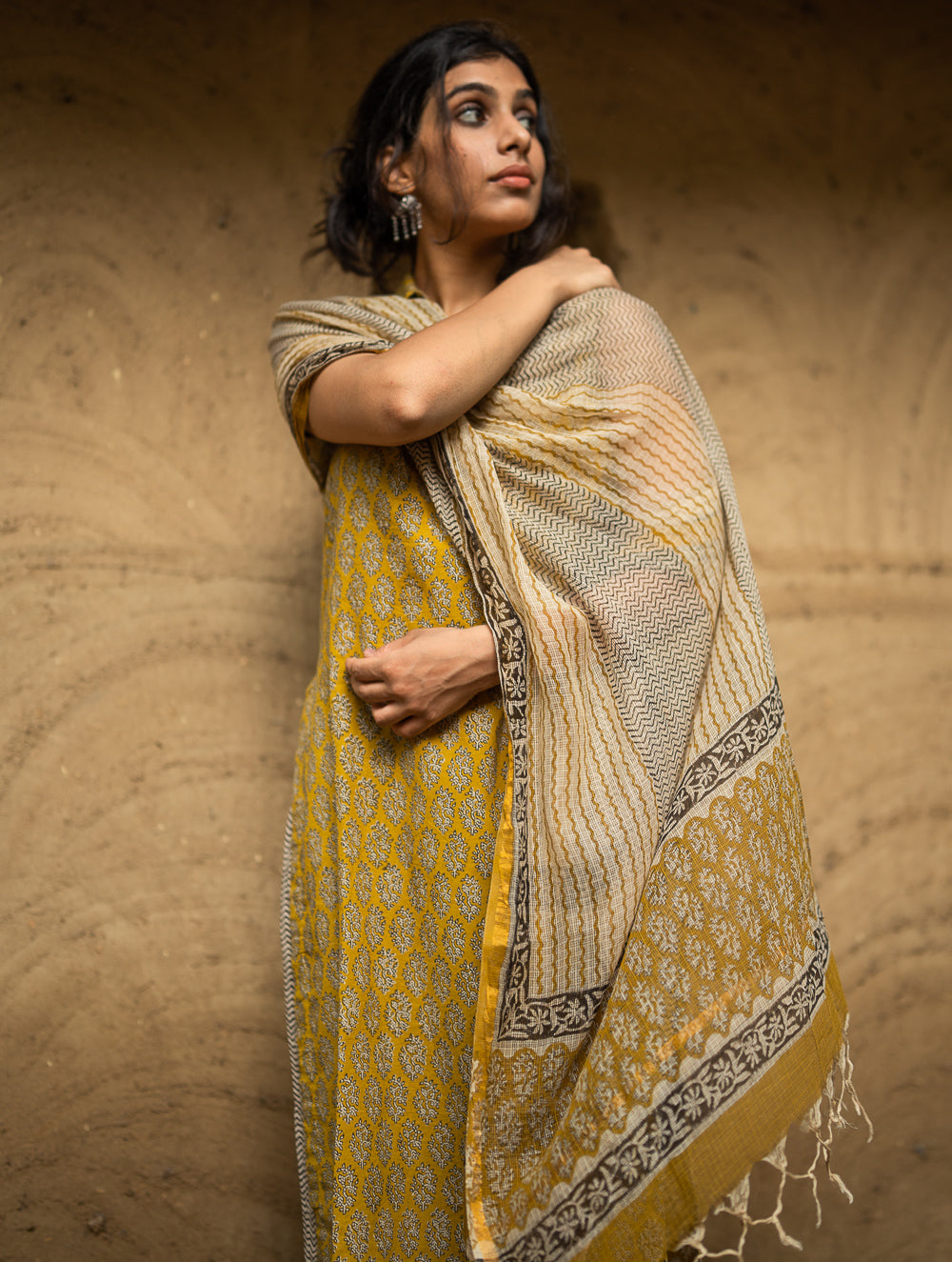 The Work Edit. Bagru Hand Block Printed Cotton Full Kurta Set - Mustard Florets (3 pc set)