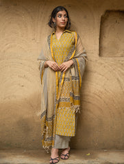 The Work Edit. Bagru Hand Block Printed Cotton Full Kurta Set - Mustard Florets (3 pc set)
