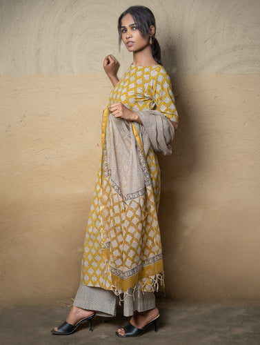 The Work Edit. Bagru Hand Block Printed Cotton Full Kurta Set - Mustard Ornate (3 pc set)