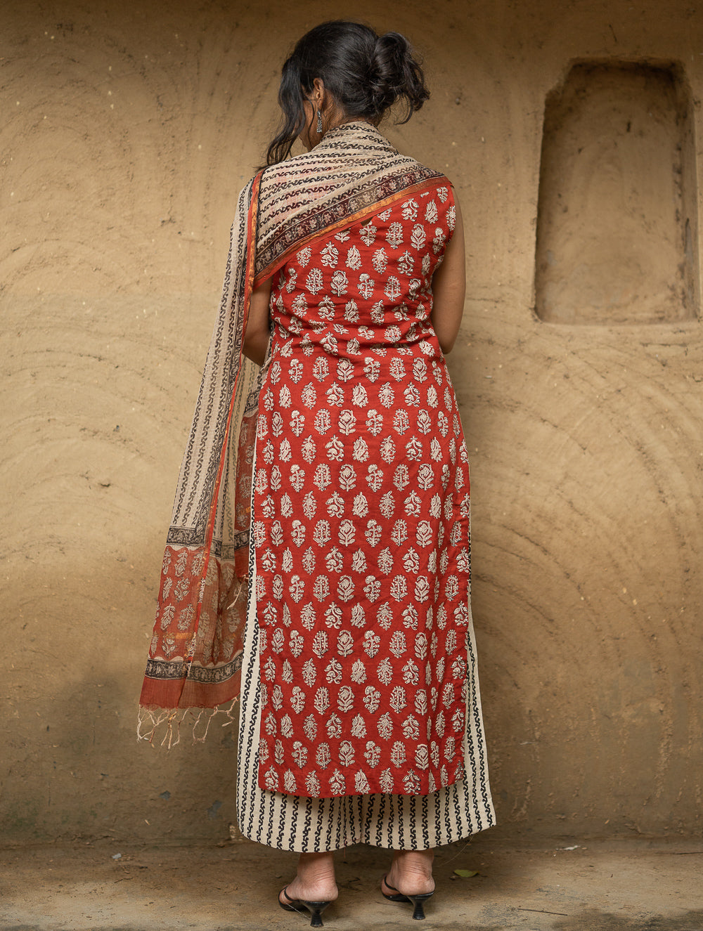 The Work Edit. Bagru Hand Block Printed Cotton Full Kurta Set - Red Flora (3 pc set)