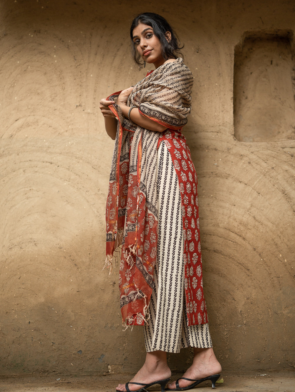 The Work Edit. Bagru Hand Block Printed Cotton Full Kurta Set - Red Flora (3 pc set)