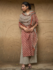 The Work Edit. Bagru Hand Block Printed Cotton Full Kurta Set - Red Floral (3 pc set)