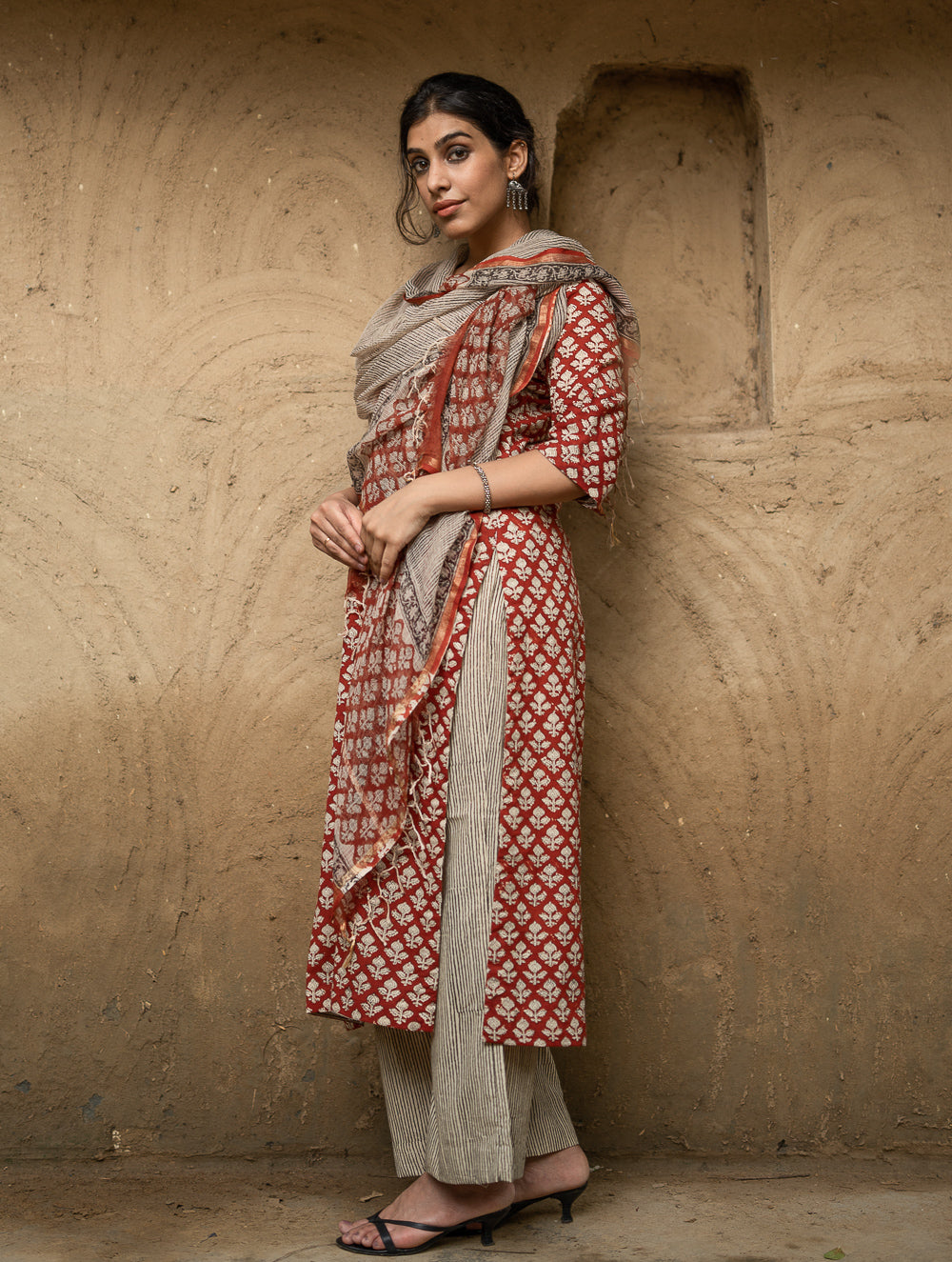 The Work Edit. Bagru Hand Block Printed Cotton Full Kurta Set - Red Floral (3 pc set)