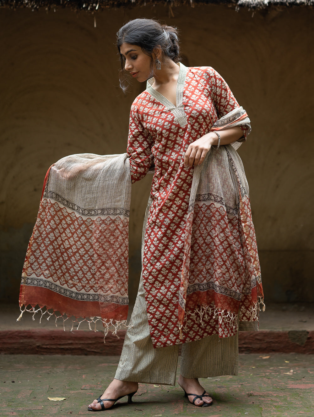 The Work Edit. Bagru Hand Block Printed Cotton Full Kurta Set - Red Floral (3 pc set)