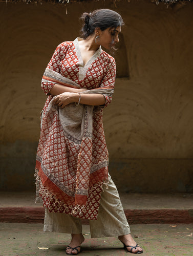 The Work Edit. Bagru Hand Block Printed Cotton Full Kurta Set - Red Floral (3 pc set)
