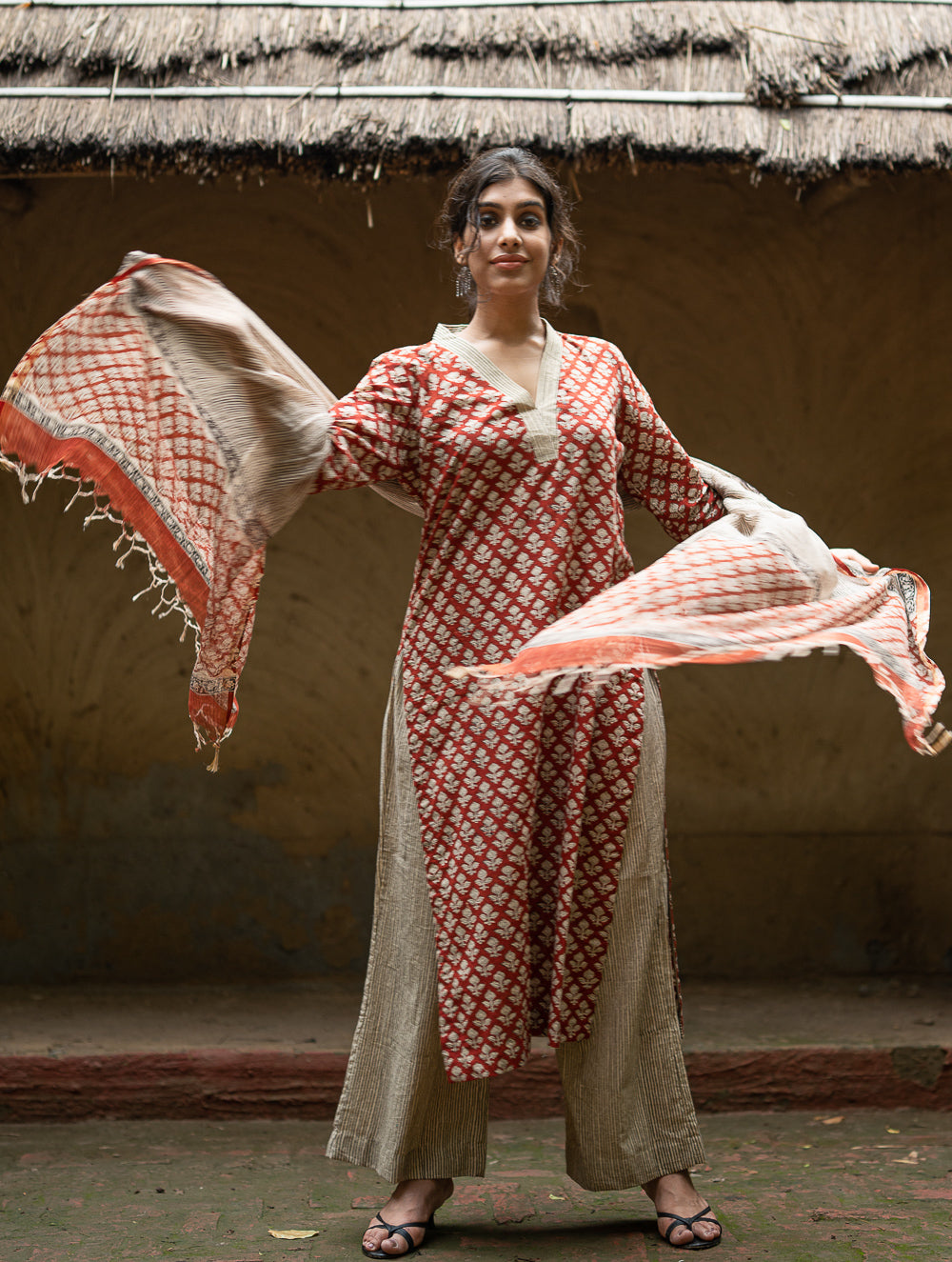 The Work Edit. Bagru Hand Block Printed Cotton Full Kurta Set - Red Floral (3 pc set)