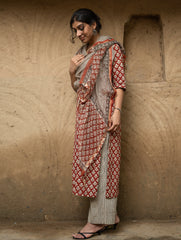 The Work Edit. Bagru Hand Block Printed Cotton Full Kurta Set - Red Floral (3 pc set)