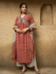 The Work Edit. Bagru Hand Block Printed Cotton Full Kurta Set - Red Flowers (3 pc set)