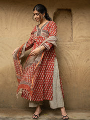 The Work Edit. Bagru Hand Block Printed Cotton Full Kurta Set - Red Flowers (3 pc set)