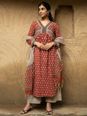 The Work Edit. Bagru Hand Block Printed Cotton Full Kurta Set - Red Flowers (3 pc set)