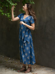 The Work Edit. Bagru Hand Block Printed Cotton Wrap Dress - Blue Flora