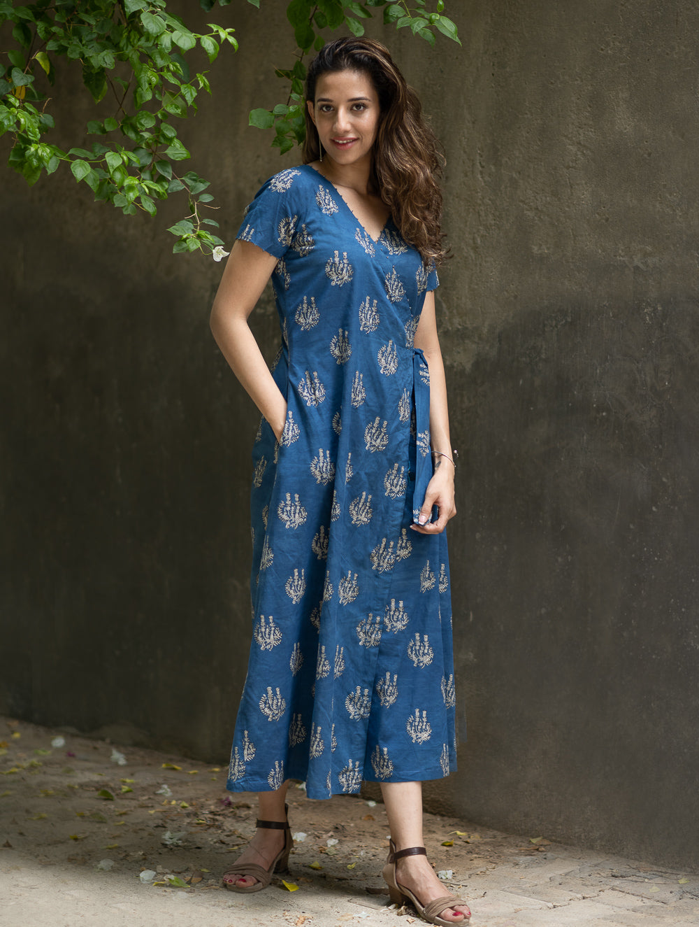 The Work Edit. Bagru Hand Block Printed Cotton Wrap Dress - Blue Flora