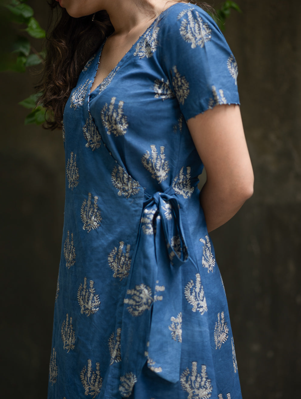 The Work Edit. Bagru Hand Block Printed Cotton Wrap Dress - Blue Flora