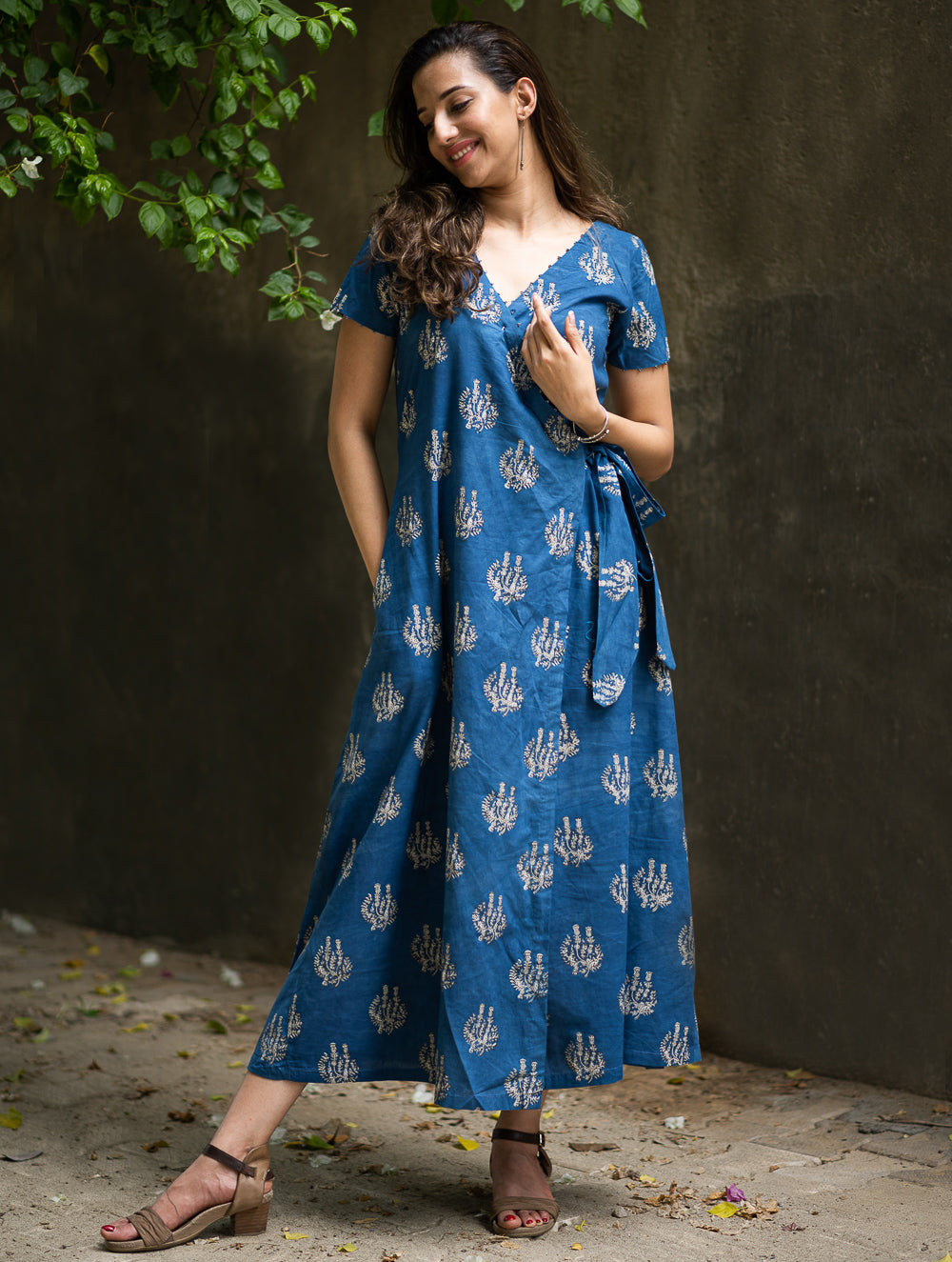 The Work Edit. Bagru Hand Block Printed Cotton Wrap Dress - Blue Flora
