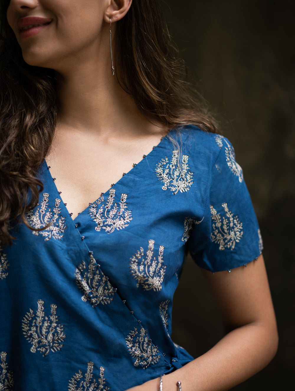 The Work Edit. Bagru Hand Block Printed Cotton Wrap Dress - Blue Flora