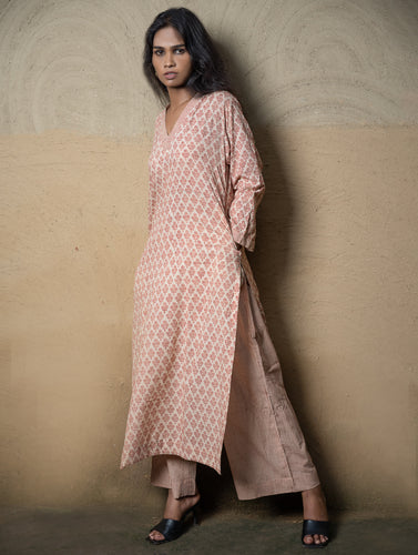 The Work Edit. Hand Block Printed Cotton Full Kurta Set - Red Florets (2 pc set)