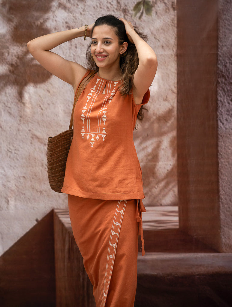 The Work Edit. Handwoven Kashida Pattu Cotton Wrap Skirt & Top Set -Terracotta Wrap (Set of 2)