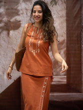 Load image into Gallery viewer, The Work Edit. Handwoven Kashida Pattu Cotton Wrap Skirt &amp; Top Set -Terracotta Wrap (Set of 2)