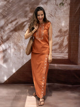 Load image into Gallery viewer, The Work Edit. Handwoven Kashida Pattu Cotton Wrap Skirt &amp; Top Set -Terracotta Wrap (Set of 2)