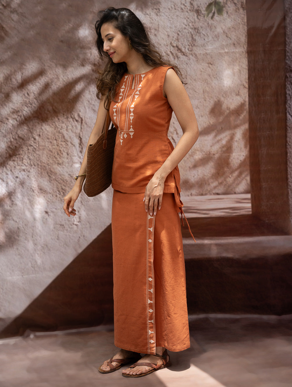 Load image into Gallery viewer, The Work Edit. Handwoven Kashida Pattu Cotton Wrap Skirt &amp; Top Set -Terracotta Wrap (Set of 2)