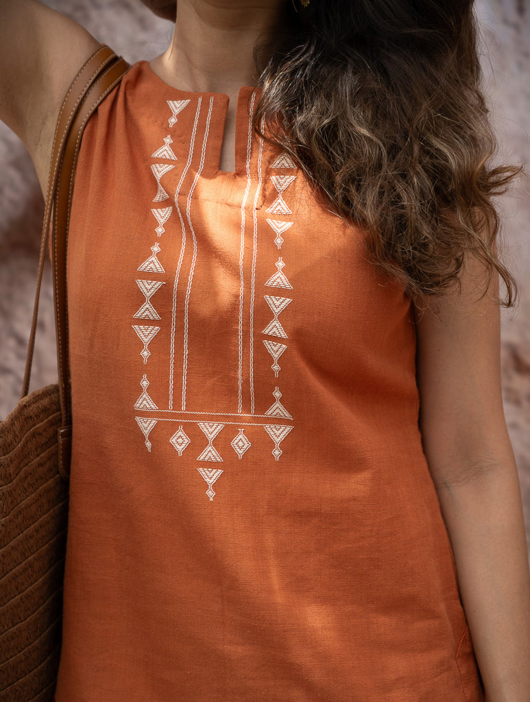 The Work Edit. Handwoven Kashida Pattu Cotton Wrap Skirt & Top Set -Terracotta Wrap (Set of 2)