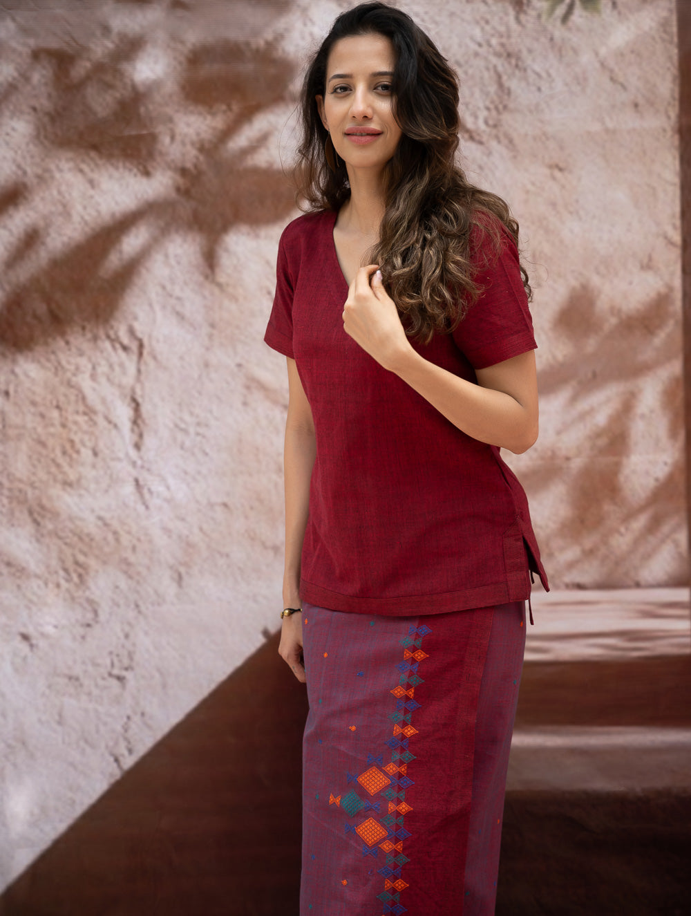 The Work Edit. Handwoven Kashida Pattu Cotton Wrap Skirt & Top Set - Aztec in Rust (Set of 2)