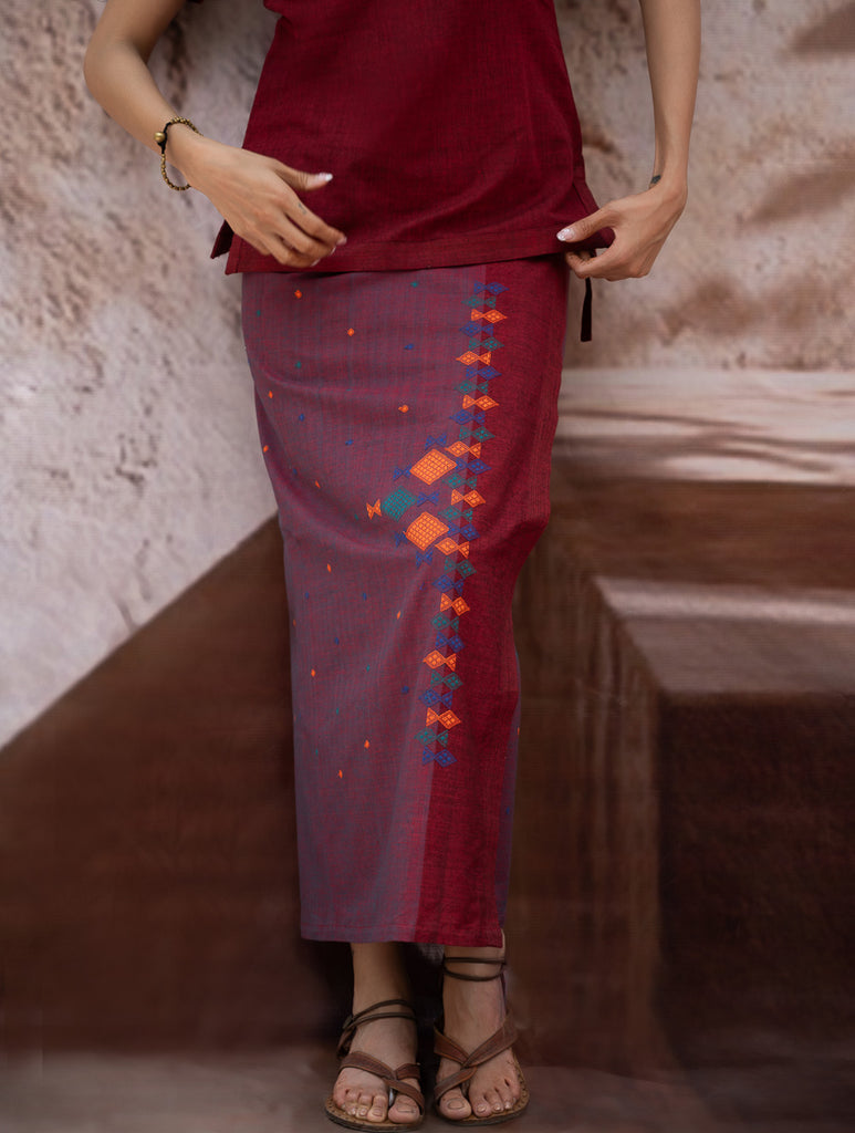 The Work Edit. Handwoven Kashida Pattu Cotton Wrap Skirt & Top Set - Aztec in Rust (Set of 2)