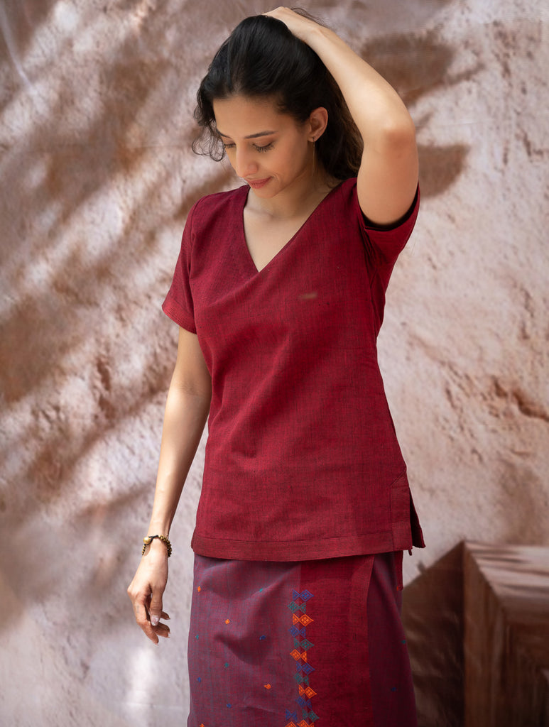 The Work Edit. Handwoven Kashida Pattu Cotton Wrap Skirt & Top Set - Aztec in Rust (Set of 2)