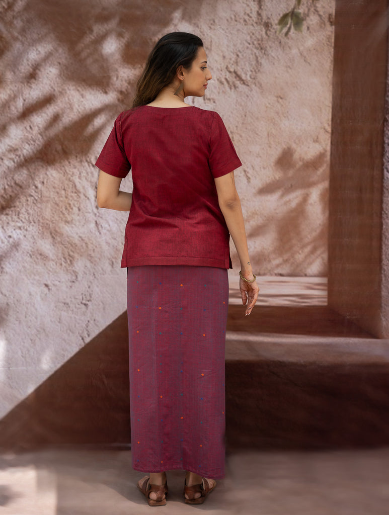 The Work Edit. Handwoven Kashida Pattu Cotton Wrap Skirt & Top Set - Aztec in Rust (Set of 2)