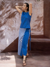 Load image into Gallery viewer, The Work Edit. Handwoven Kashida Pattu Cotton Wrap Skirt &amp; Top Set - Blue Aztec (Set of 2)